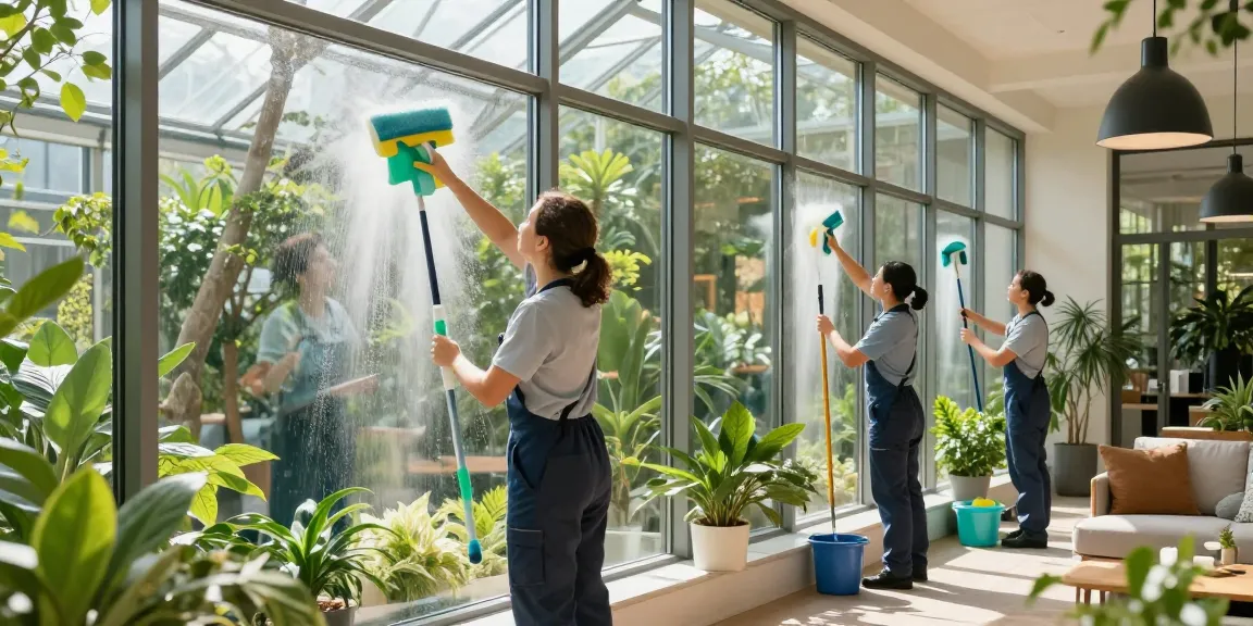 Professionelle Wintergartenreinigung durch erfahrene Reinigungscrew in einem hellen und einladenden Wintergarten.
