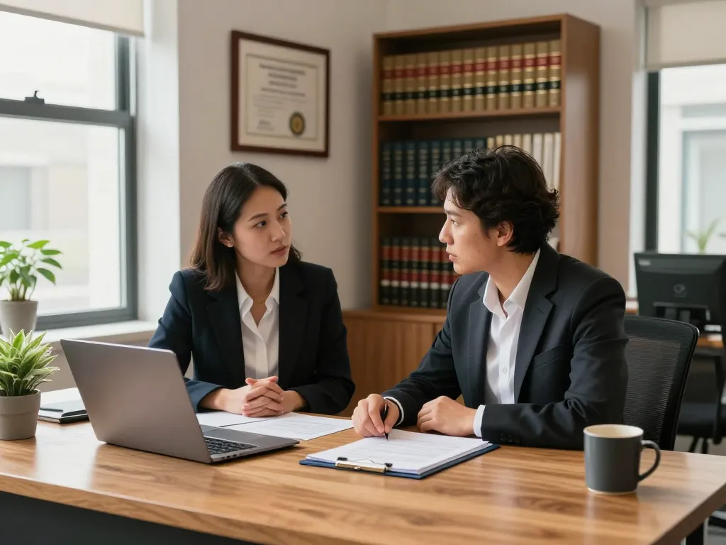 Norfolk Personal Injury Lawyer discussing case details with a client in a modern office, showcasing a professional and supportive legal atmosphere.