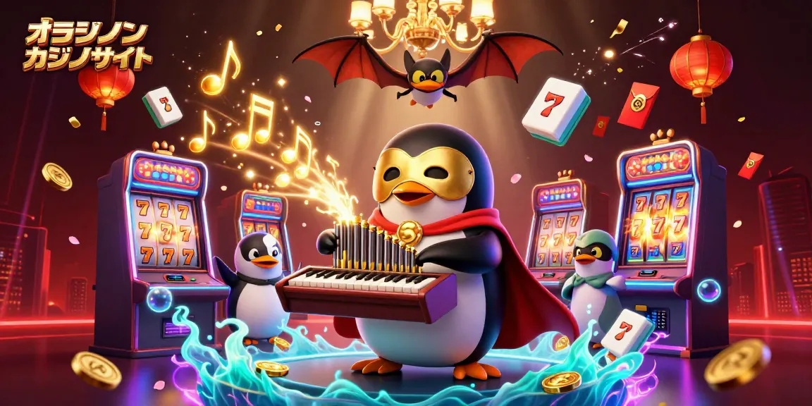 オンラインカジノサイトで楽しむ3Dカートゥーンファントムオペラペンギンとスロットの魅力を感じるビジュアル。