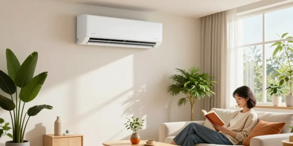 Cozy living room with a mini split 12000 BTU air conditioner providing comfort and style.
