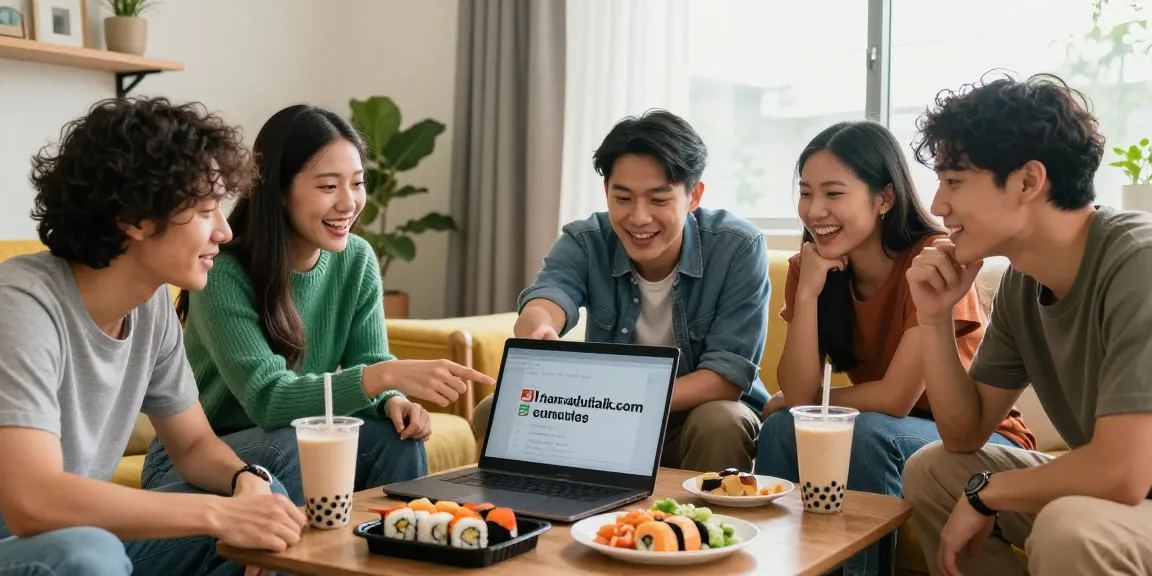 Friends enjoying Asian culture content on https://hanadultalk.com in a cozy living room.