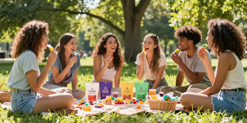 Friends enjoying activist edibles gummies at a sunny park picnic.