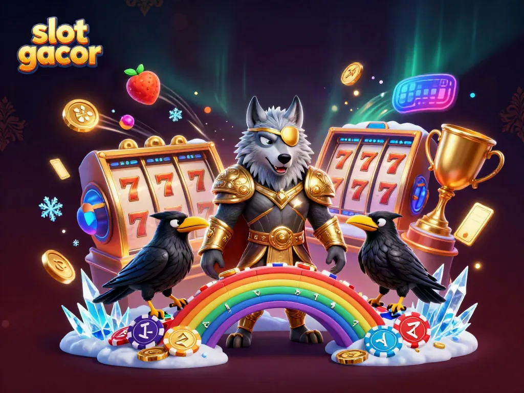 Slot gacor dengan Odin dan burung gagak di atas jembatan chip kasino yang bersinar.