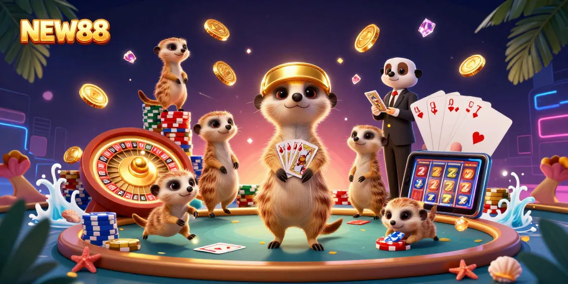 Experience the excitement of NEW88 casino with meerkats engaging in dynamic gaming activities.