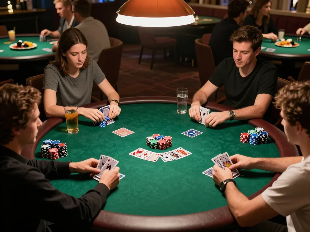 Players engaged in a strategic poker game at DN88, showing stacked chips and community cards.