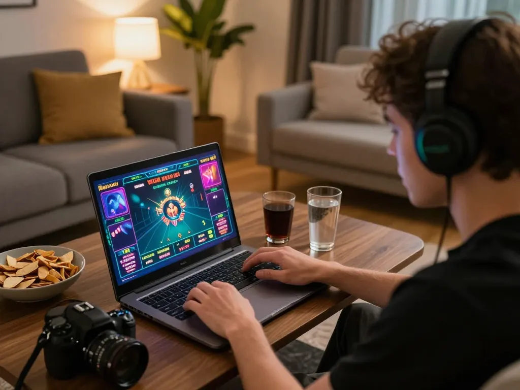 Player immersed in Fabet casino gameplay on laptop in cozy living room, highlighting strategic moments