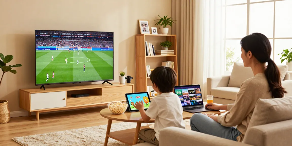 Test iptv 24h dans un salon moderne avec une famille regardant des contenus IPTV