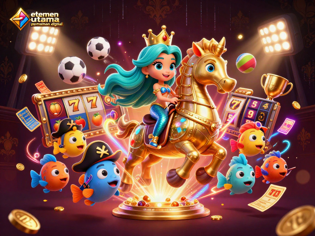Gali kesenangan dalam elemen utama permainan digital dengan slot dan jackpot berkilauan.