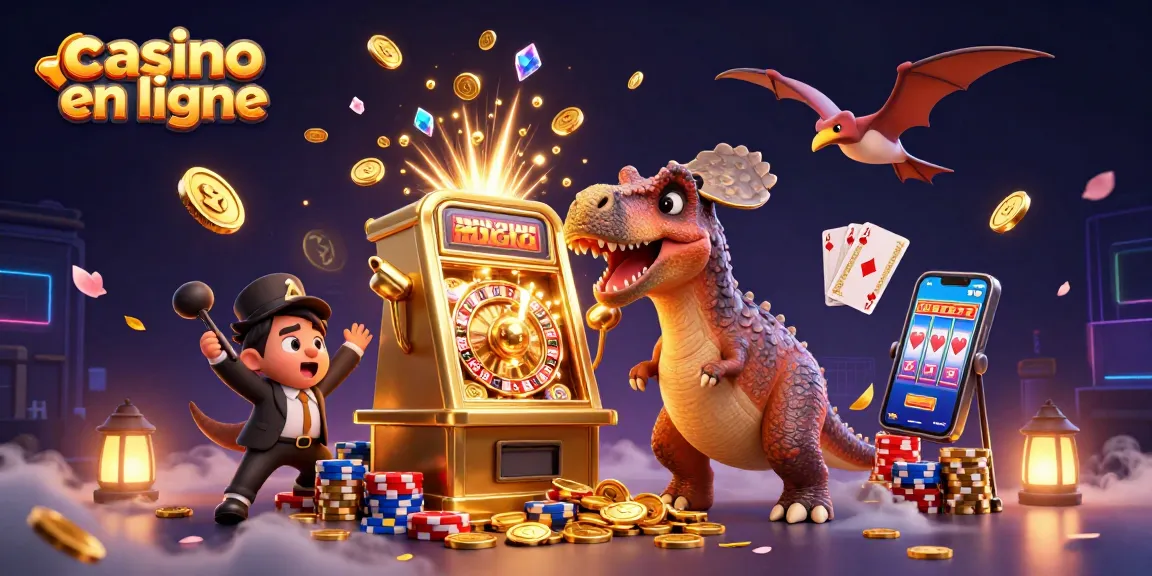 Le casino en ligne présente une illustration dynamique avec un pachycephalosaurus encastrant une machine à sous, des pièces d'or volantes et un manager ankylosaure.