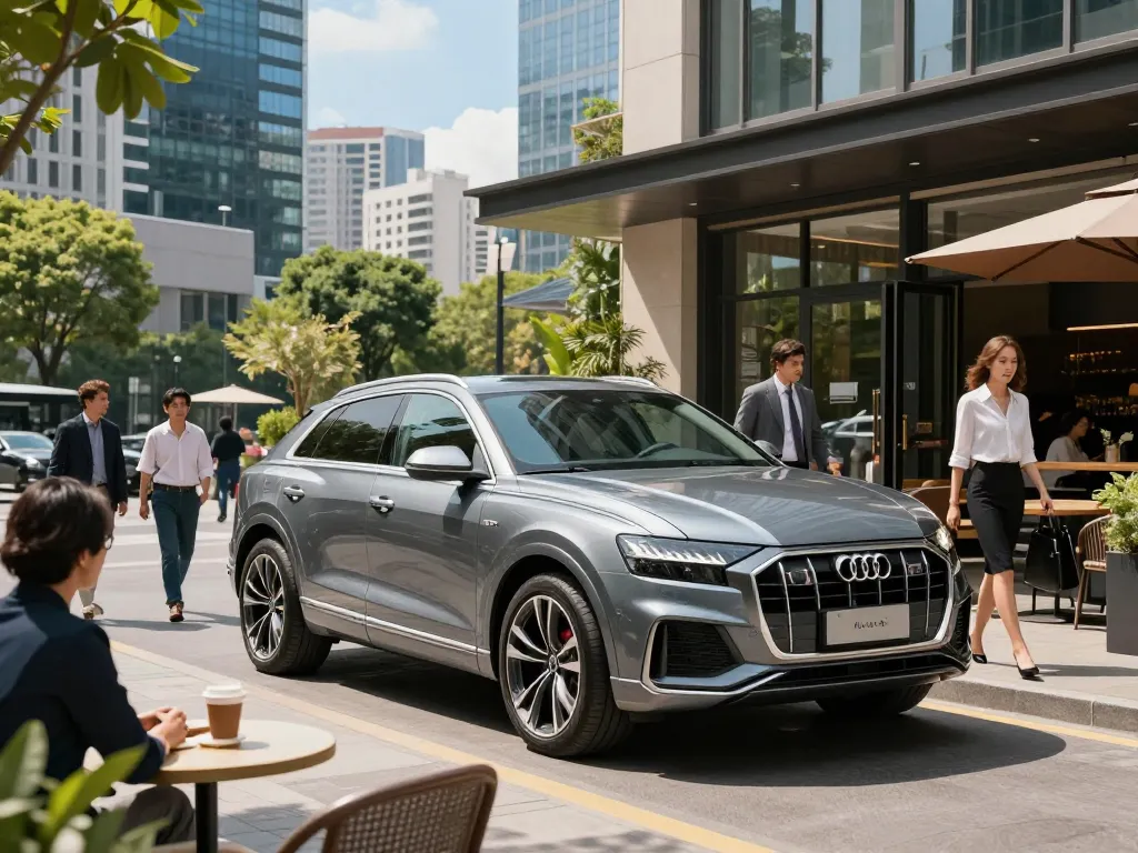 cho thuê xe ô tô hạng sang với một chiếc Audi Q8 sang trọng đỗ trong một khung cảnh đô thị sôi động, thể hiện sự thanh lịch và tinh tế.