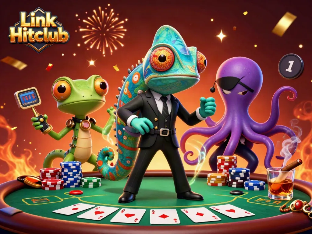 Engage with Link Hitclub’s thrilling poker scene featuring unique characters and vibrant casino elements.