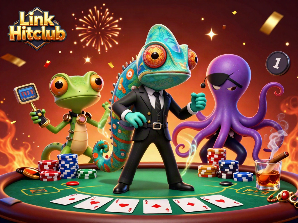 Engage with Link Hitclub’s thrilling poker scene featuring unique characters and vibrant casino elements.