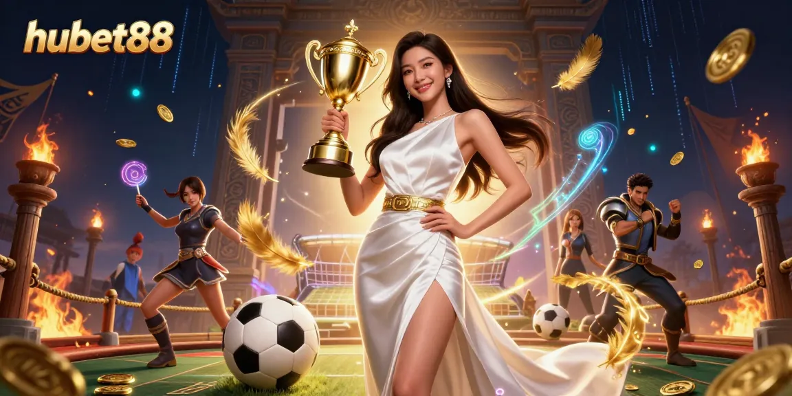 hubet88 showcases a victorious Asian woman celebrating with sports betting elements