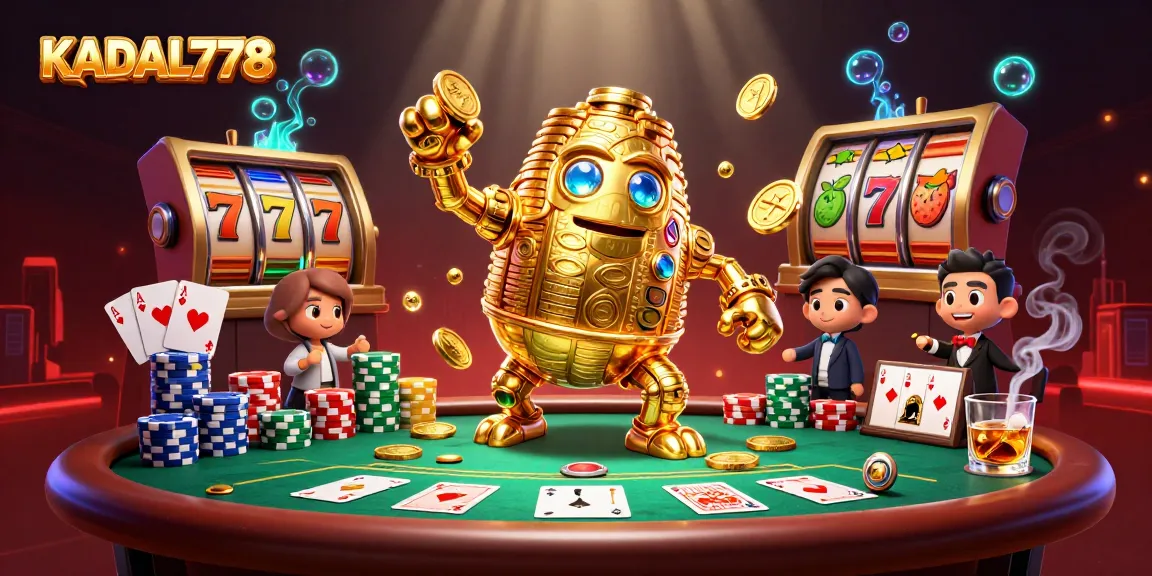 KADAL778 showcases vibrant slot machine action with a golden golem and poker elements in a dynamic casino scene.