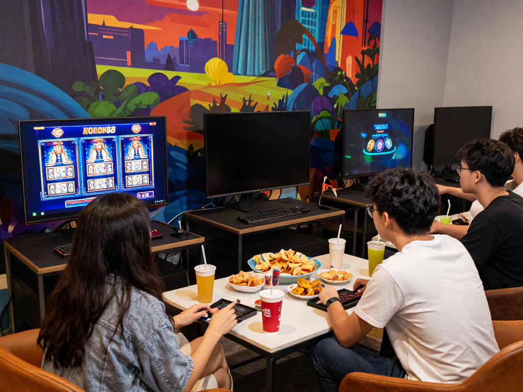 Friends enjoying the ROKOK88 slot game in a vibrant gaming environment.