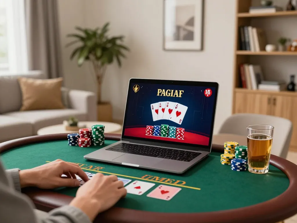 Player immersed in live blackjack gameplay on gem88, enjoying strategic online gambling from home.