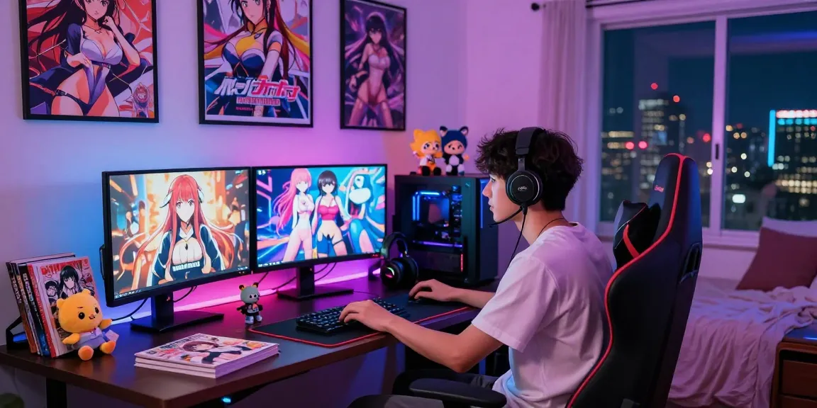 Immersive hentai game setup showcasing a focused gamer surrounded by anime art and gaming accessories at night.