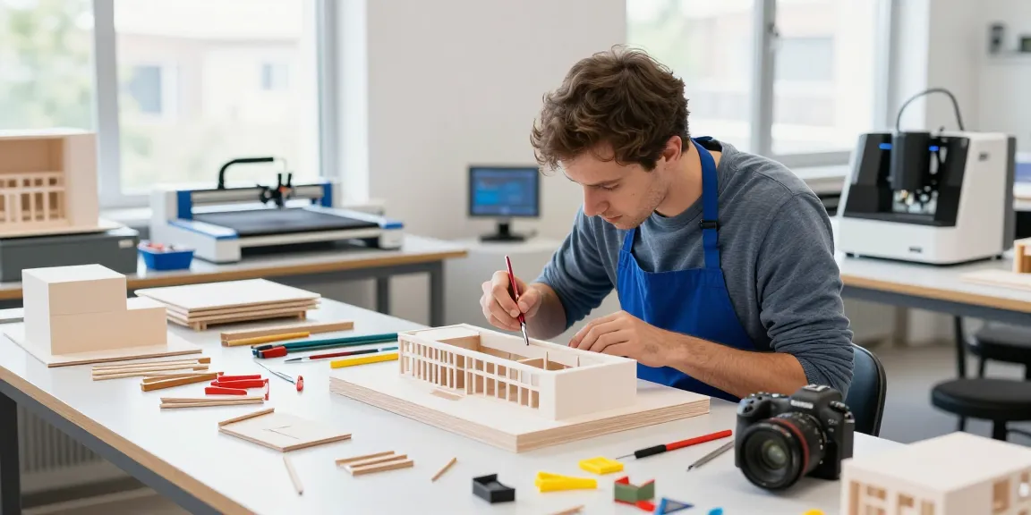 Expert architectural model maker Germany creates detailed models in a bright workshop.