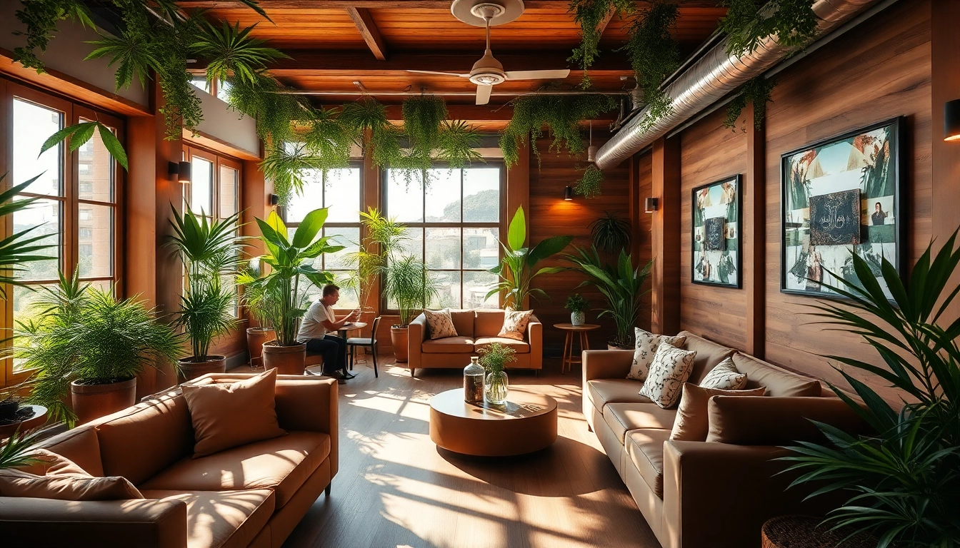 Experience Clubs Cannabis Lloret De Mar in a vibrant, relaxed social scene with lush greenery and cozy seating.