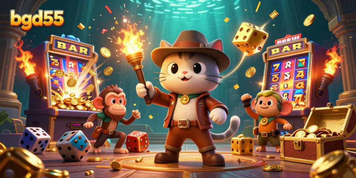 Experience excitement at bgd55 with a cat explorer and monkey companion uncovering golden casino treasures.