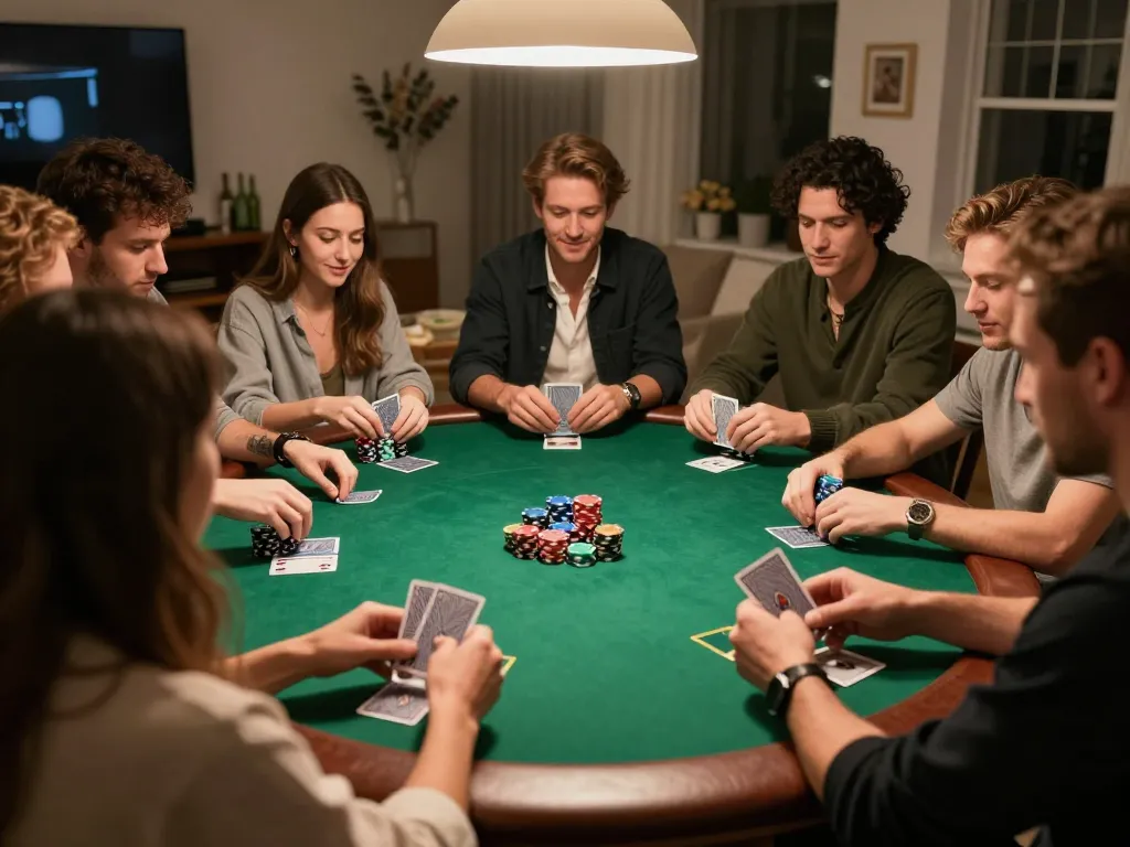 Engaging home poker night scene showcasing strategic gameplay at Trang Chủ FB88 with friends.