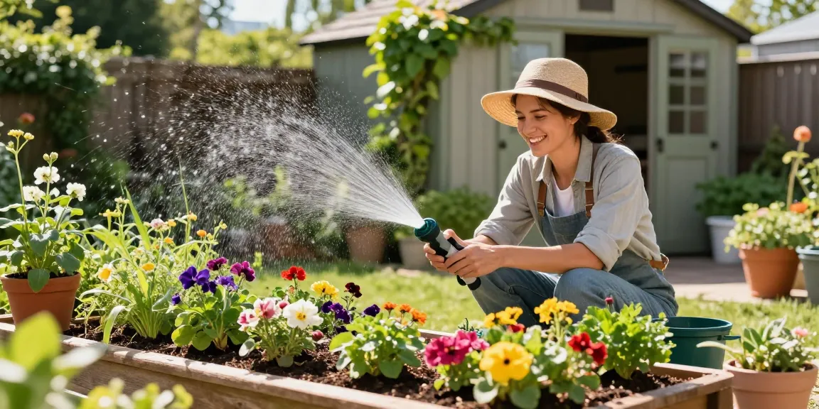 Gardener using a rainpoint water timer to automate watering in a colorful flower garden.