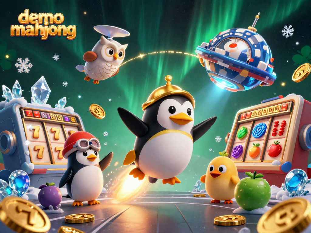 Demo mahjong, mainkan slot online dengan penguin emas dan simbol keberuntungan yang menarik.