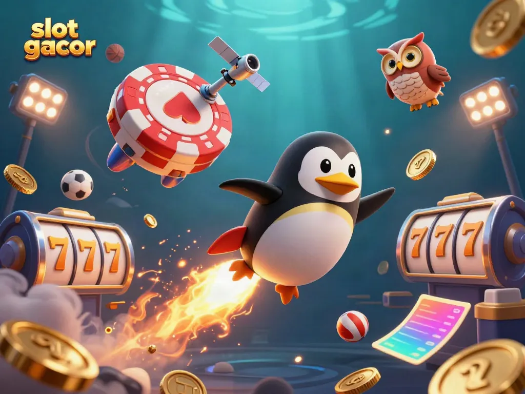 Experience a vibrant slot gacor scene with golden penguin and casino space station filled with winning elements.