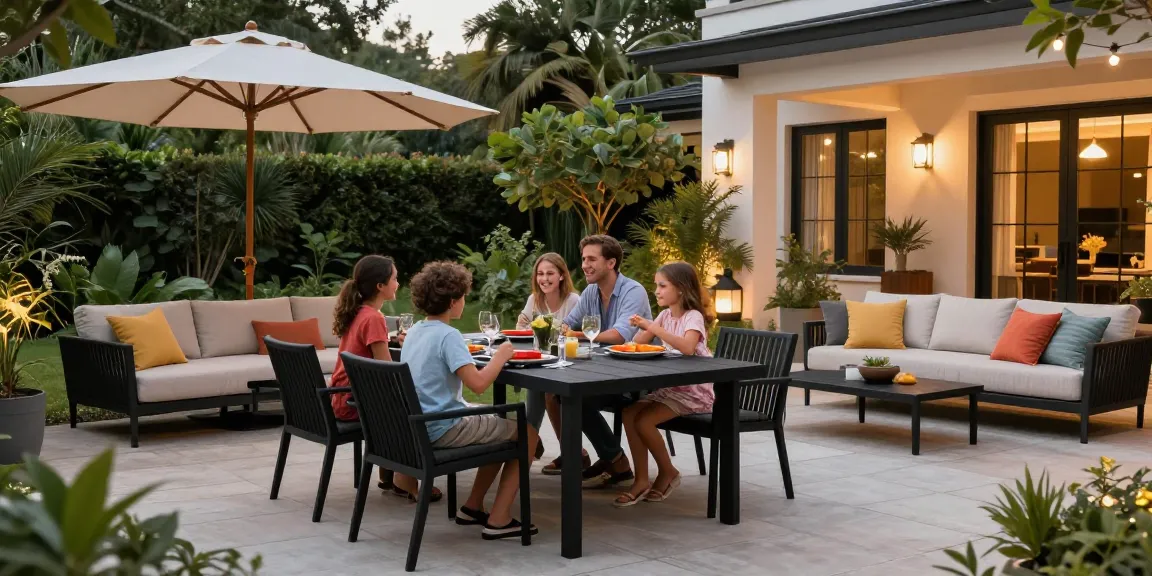 Modern patio furniture dining setup with stylish dining set and vibrant decor.