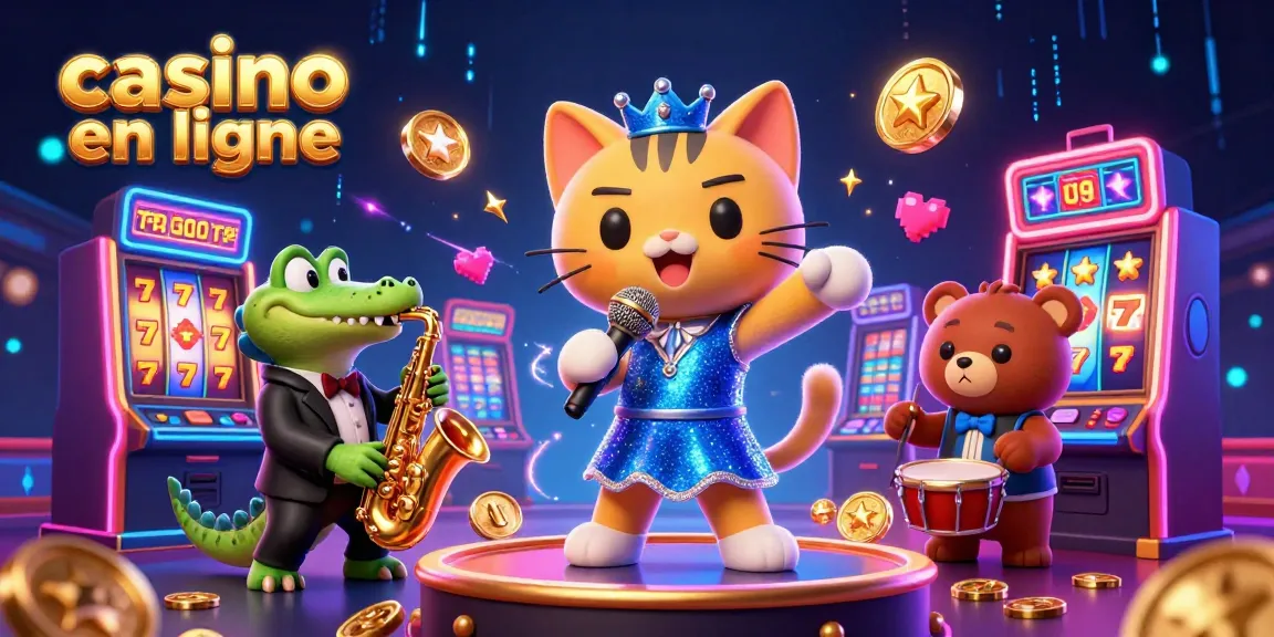 Casino en ligne : illustration d'une scène animée avec un chat chanteur, un crocodile et un ours, entourés de machines à sous.