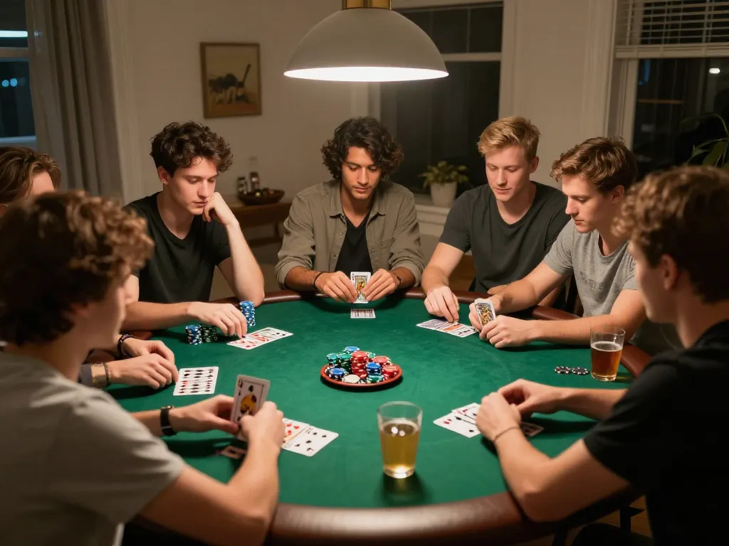 Friends strategizing their next move during a home poker game, showcasing the excitement of 78wingo.