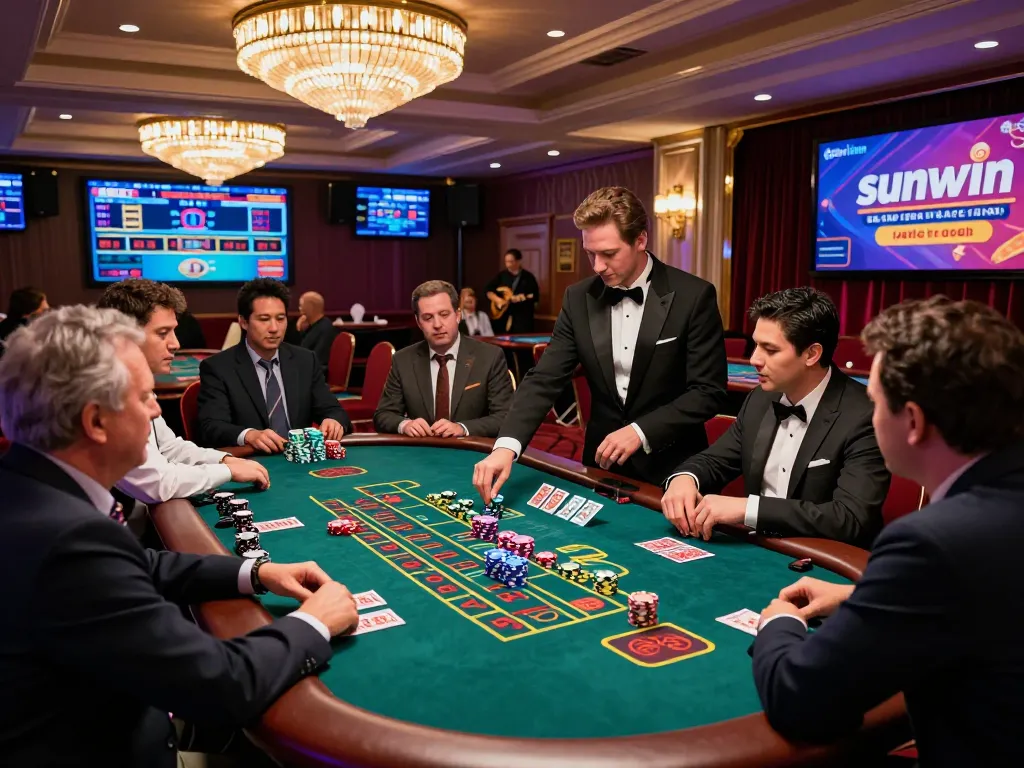 Players enjoying a thrilling baccarat game on sunwin with a live dealer in an elegant casino setting