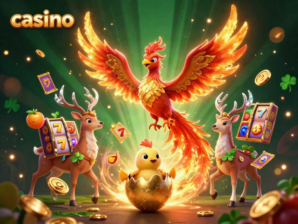 Experience thrilling moments at the casino with a colorful phoenix, baby chick, and magical stag amidst dynamic slot symbols.