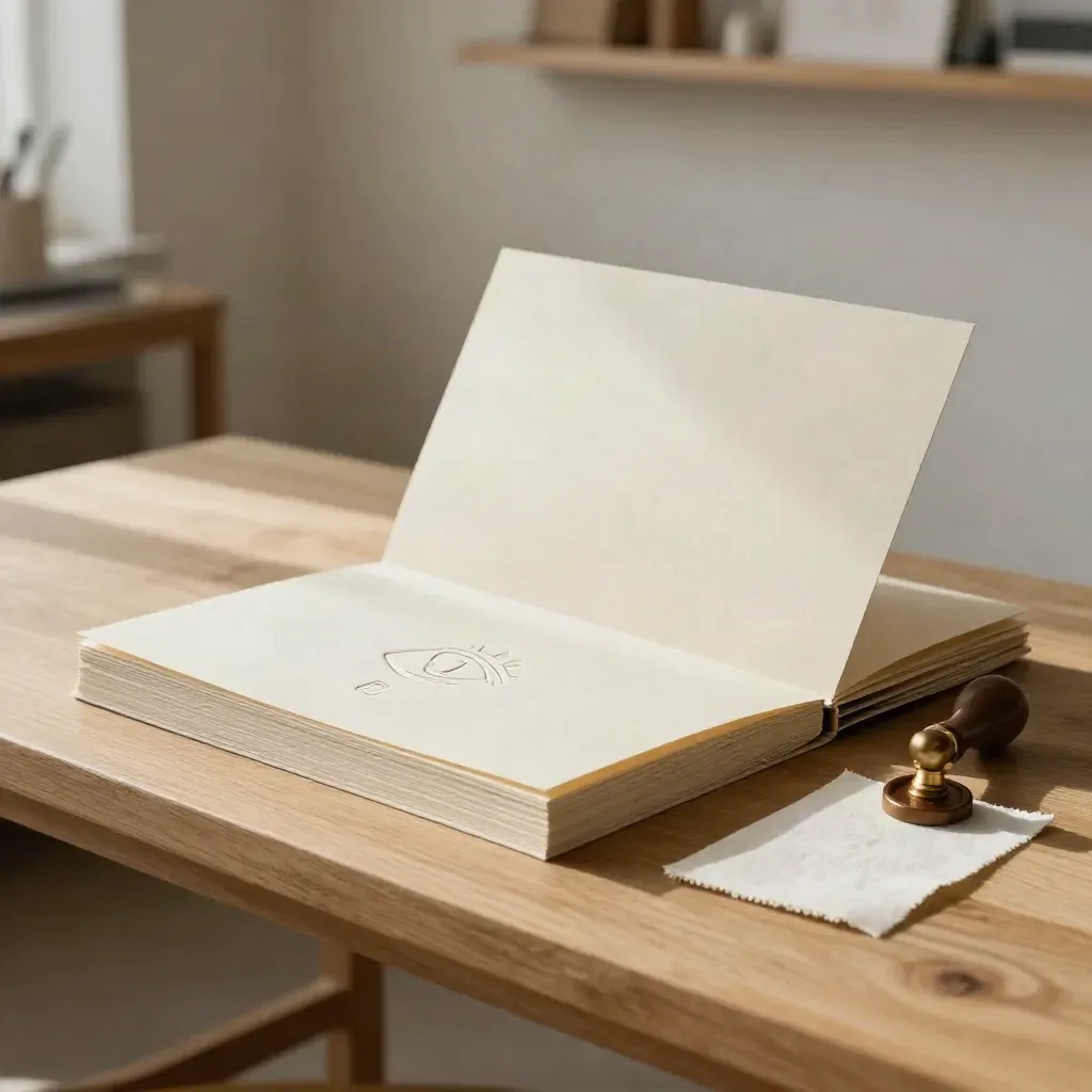 Open logo design kit with embossed proofs, folded cover, press sample and wax-seal tool on a sunlit bench