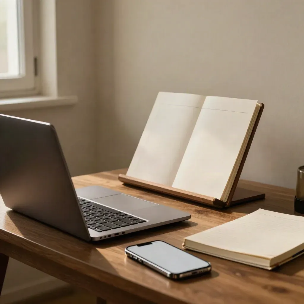 Charcoal laptop, phone mockup, and paper prototype on a warm studio table in late-afternoon window light.
