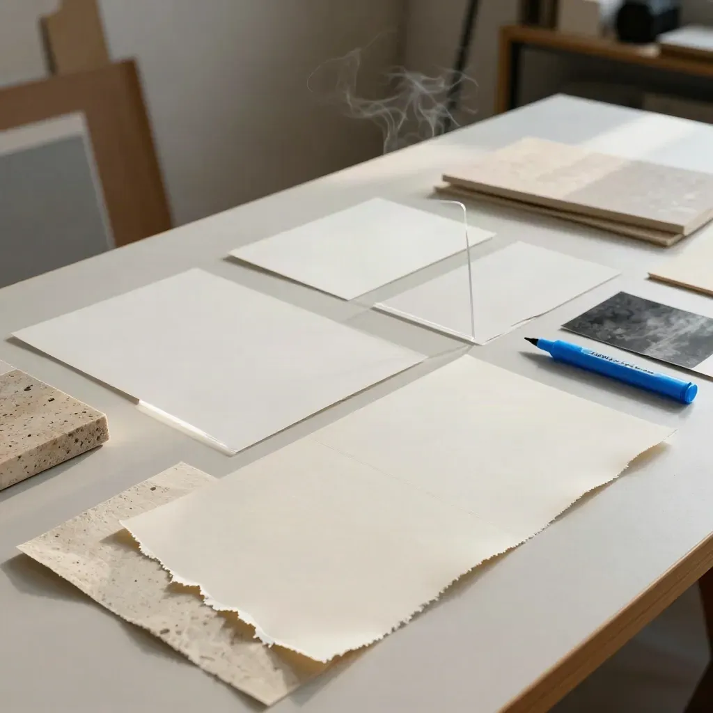 Abstract brand strategy board on a studio table with acetate overlays and stone samples.