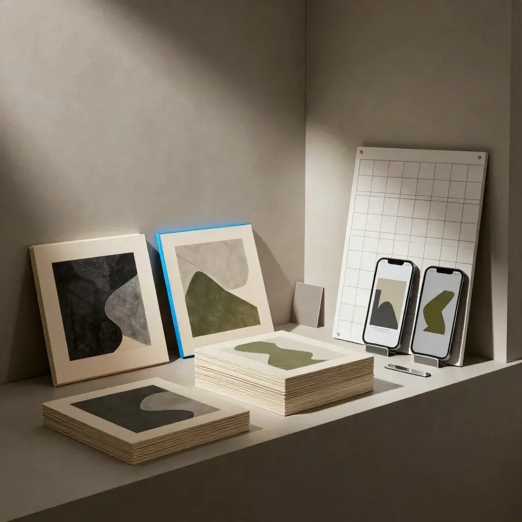 Square social media graphics mockups stacked in a moody studio nook with blue accent.