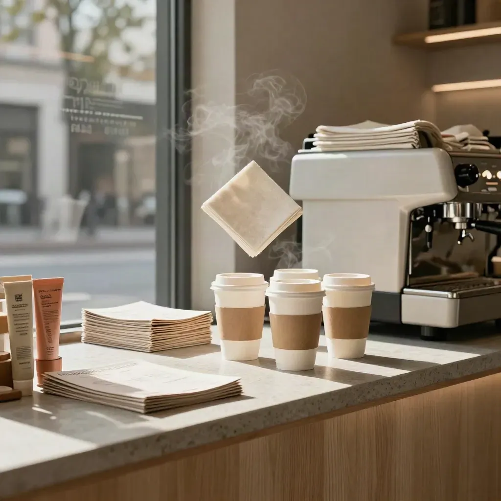 Coffee shop launch kit on a counter with cups, menus, napkins, decals, and poster tubes.