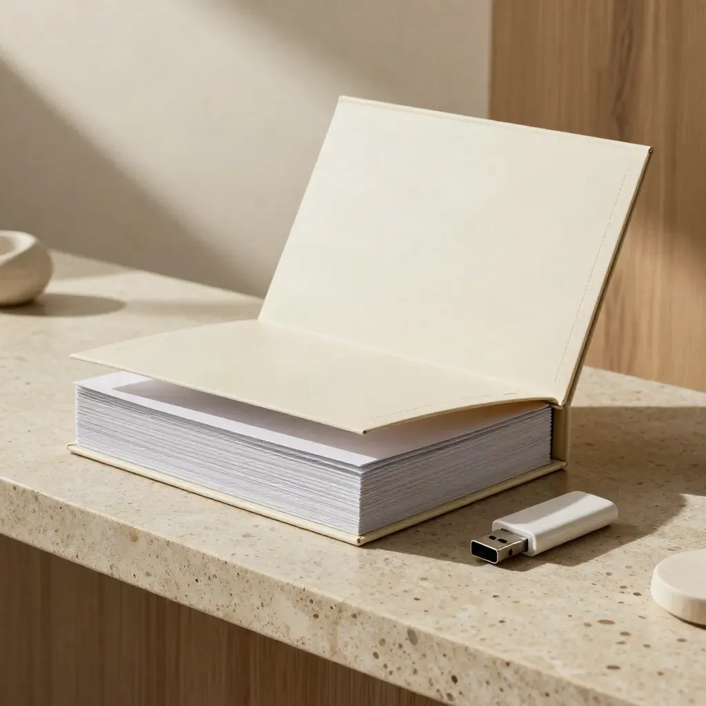 Premium launch package with binder, box, tabs and sealed USB drive on a sunlit console.