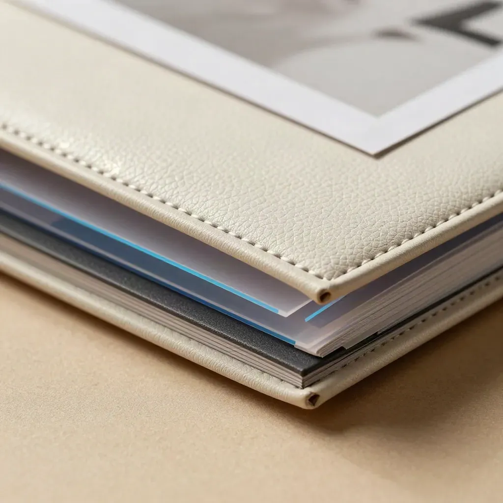 Premium presentation deck with blue tabs and a closed portfolio case on a warm studio surface.