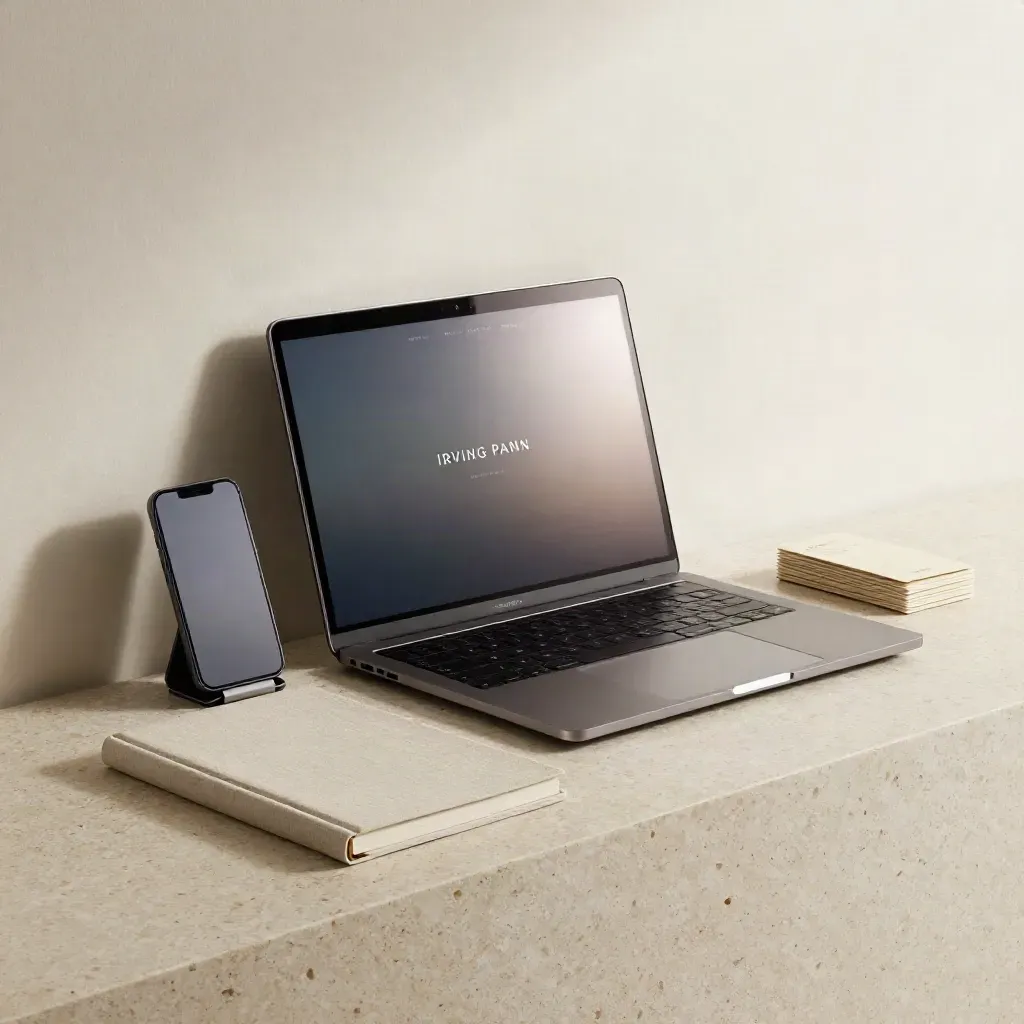 Polished creator website launch setup with laptop, phone stand, notebook and offer cards.