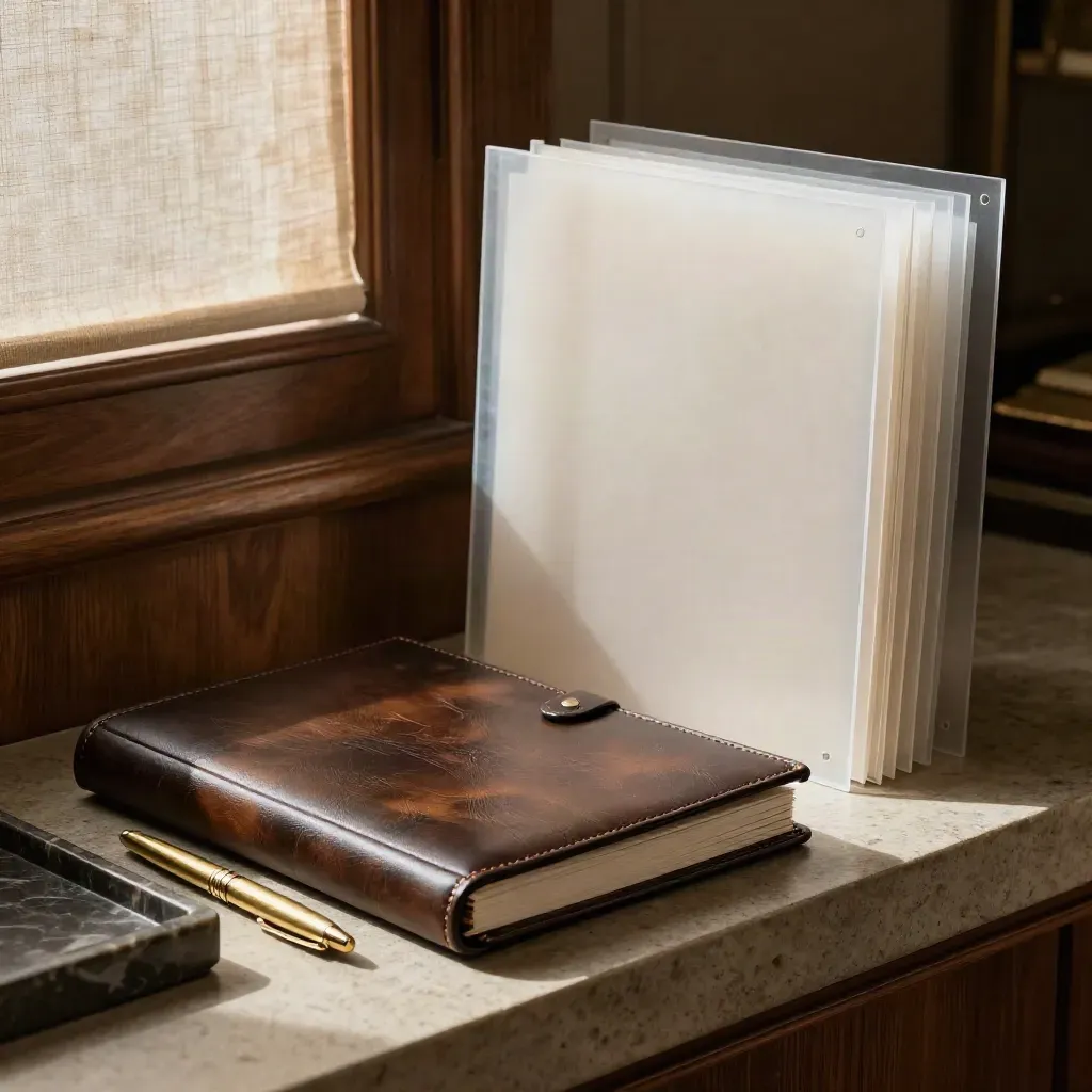 Leather binder, brass pen, marble tray, and frosted folders in warm office light