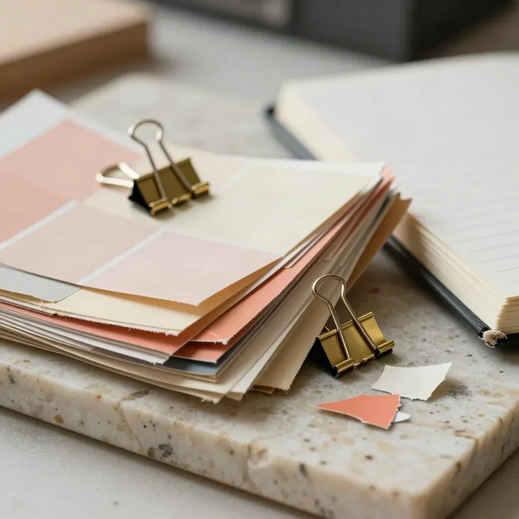Macro still life of swatches, brass clips, paper fragments, and a closed notebook on travertine.