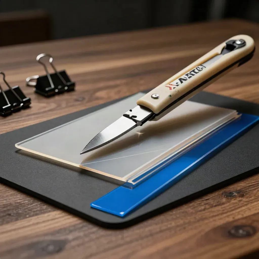 X-Acto knife, acetate overlays, binding clips and cutting mat on a walnut design bench, dramatic light
