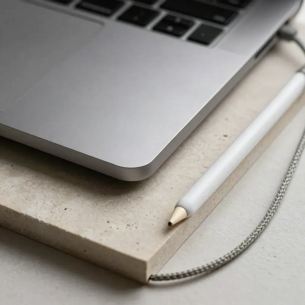 Macro of an aluminum laptop edge, stylus, trackpad and braided cable on a stone slab.