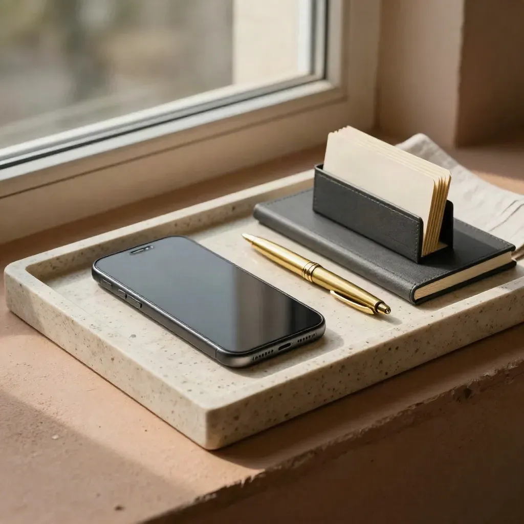 Phone, notebook, brass pen and card holder on a pale stone tray in soft daylight.