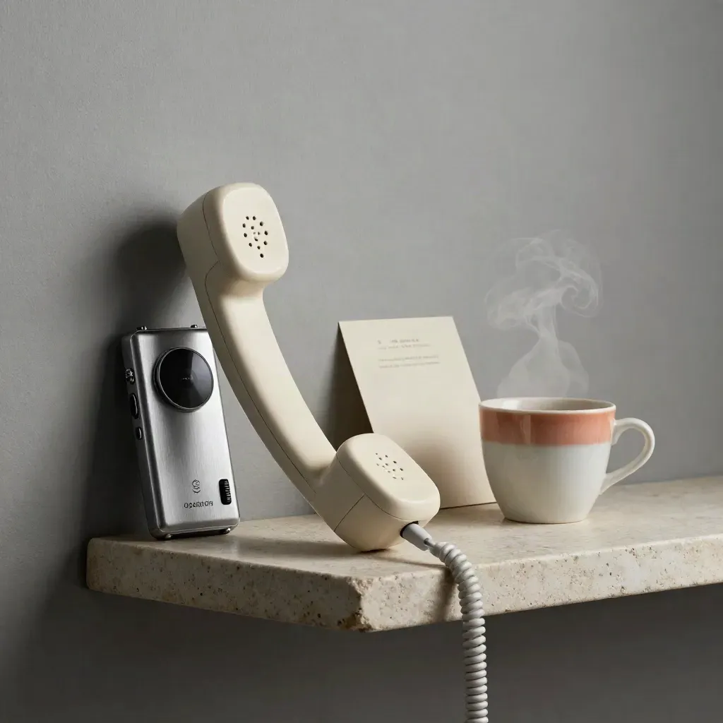 Phone receiver, recorder and espresso cup on a stone shelf in soft side light.