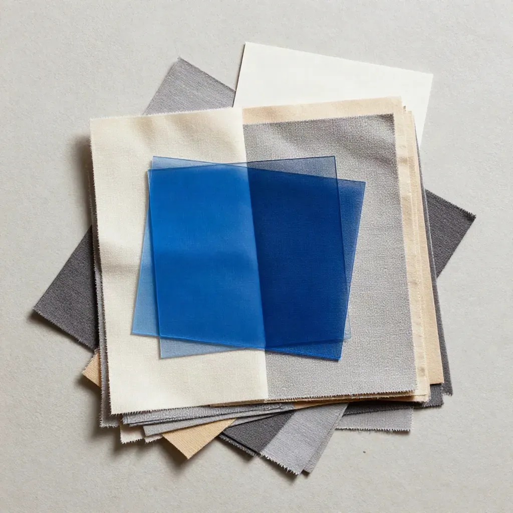 Overhead style map of fabric swatches, paint chips, and a translucent blue sheet on plaster.