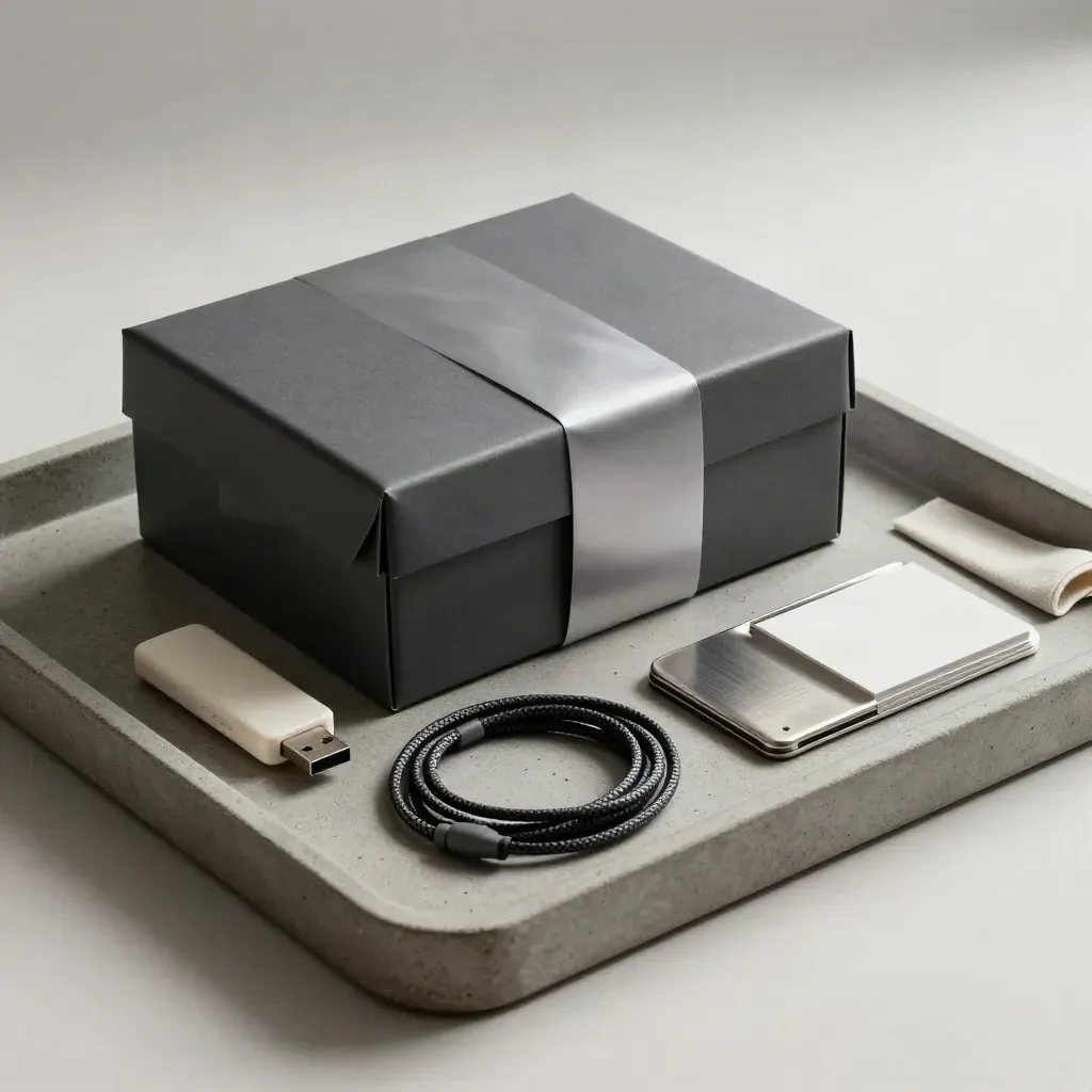 Overhead still life of a sealed archive box, USB drive, cable, and blank sleeves on a concrete tray.