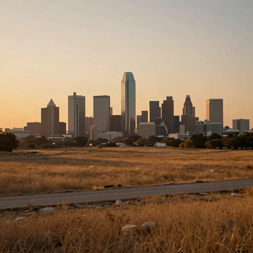 Golden hour Dallas-Fort Worth skyline above calm prairie foreground